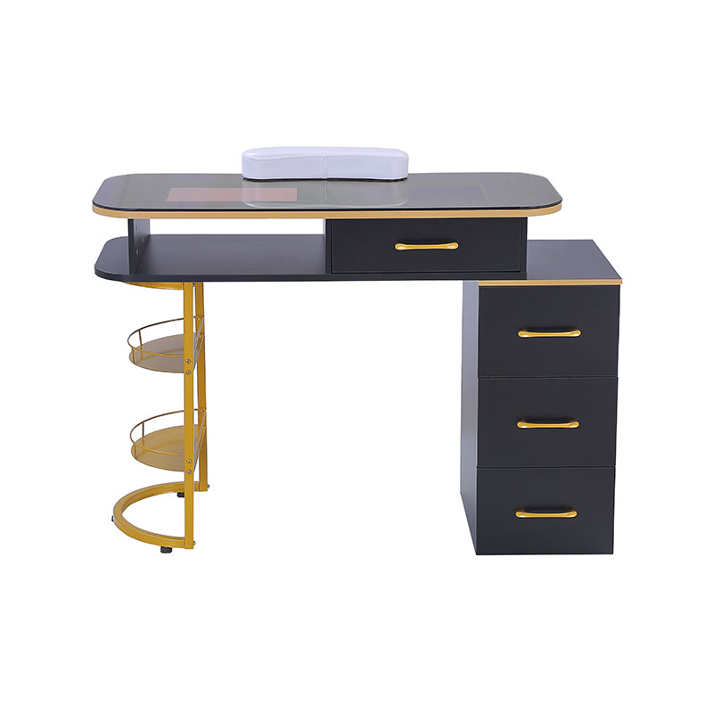 HZ2055 / HZ2055B ম্যানিকিউর টেবিল গ্লাস টপ নেইল ডেস্ক স্টেশন যেখানে 4টি ড্রয়ার এবং 2-স্তর স্টোরেজ শেল্ফ রয়েছে